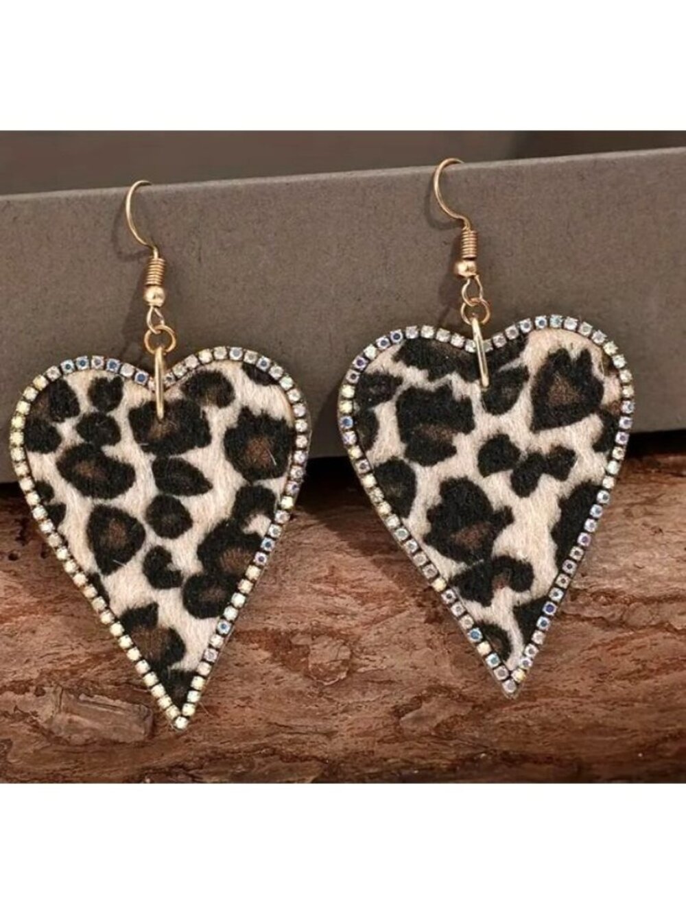 Leopard Print Heart-Shaped Dangle Earrings With Rhinestone‎ Border NEW
